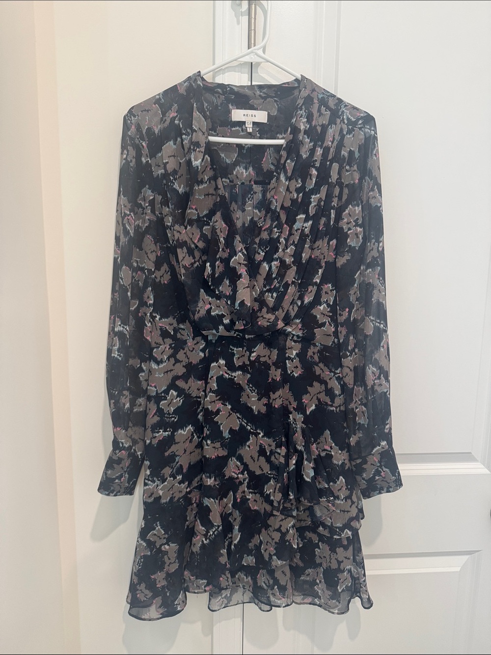 Reiss Black Floral-Print Long Sleeve Wrap Dress